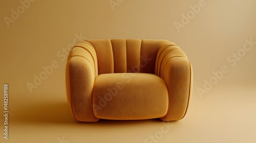 3D render of a rounded, ribbed yellow velvet armchair against a solid yellow background.