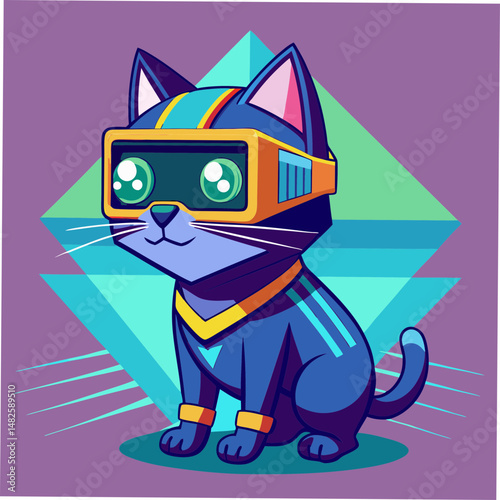 A futuristic cartoon cat with VR goggles and retro geometric background