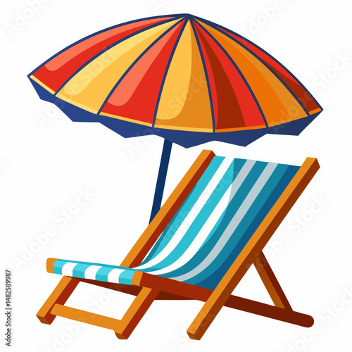 Cartoon beach scene featuring a striped lounge chair and vibrant sun umbrella