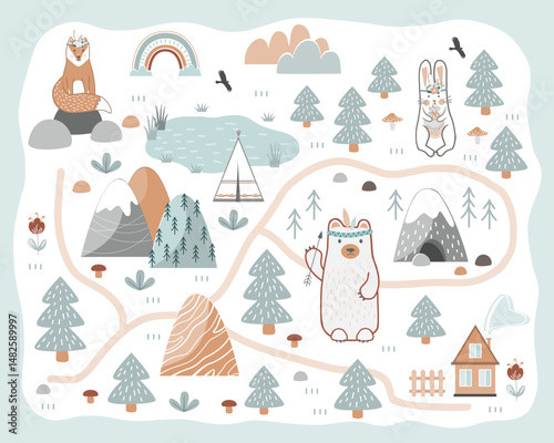 Cute nursery floor mat with adventure camping and animals. Vector illustration in Scandinavian style.