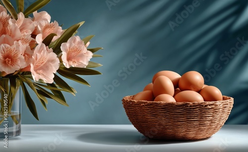 Fresh Eggs and Flowers Arranged on a Blue Background Creating a Natural and I...