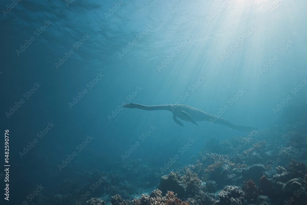 Obraz premium Swimming gracefully through crystal-clear waters while exploring a vibrant coral reef teeming with marine life during daylight hours