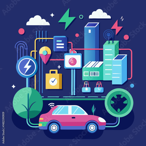 Cartoon electric car charging concept on city background with renewable energy sources