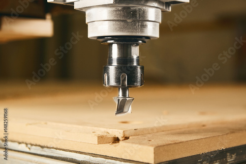 Close-up shot of machine with numerical control cuts wood. Cnc tool.