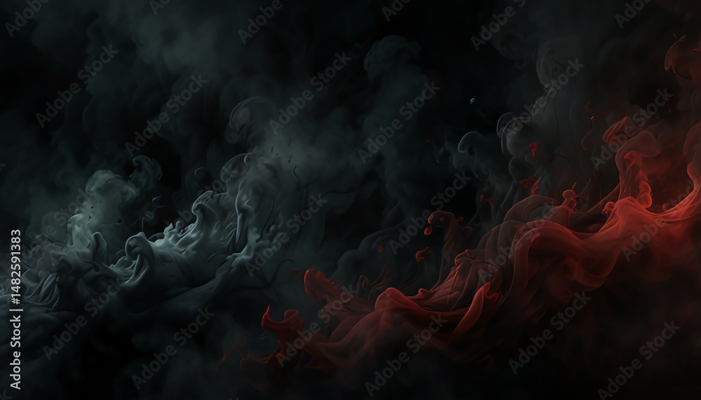 Fototapeta premium Intense red and white smoke swirling against a dark background in a dynamic abstract visual