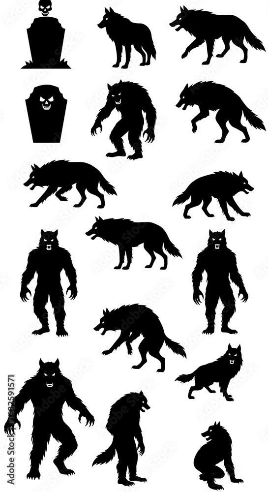 Fototapeta premium Shadowy Wolf & Werewolf Silhouettes: Halloween Vector Art