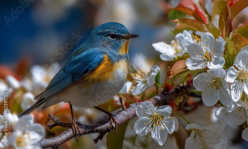 Blue Bird Perched Among Blooming Cherry Flowers During Bright Spring Day in a...