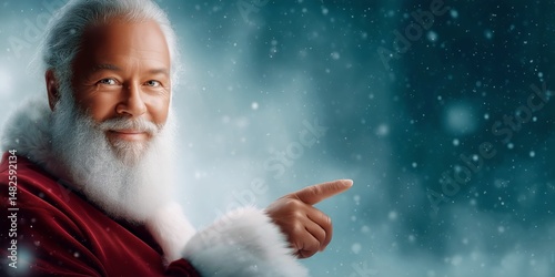 Joyful Santa Claus Guiding Holiday Cheer Amidst Falling Snow in Winter Wonder...