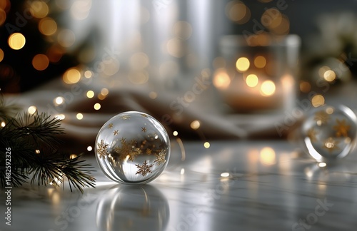 Decorative Holiday Glass Orb With Snowflake Design and Warm Lights on a Marbl...