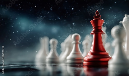 Chess Game With a Striking Red King Piece Surrounded by White Pawns on a Dark...