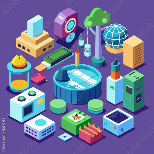 Isometric Conceptual Abstraction of Various Objects on a Purple Background