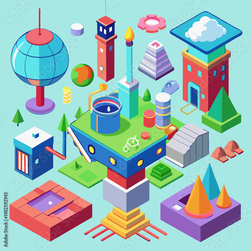 Isometric Cartoon Metropolis Illustration with Abstract Architecture and Colorful Design Elements
