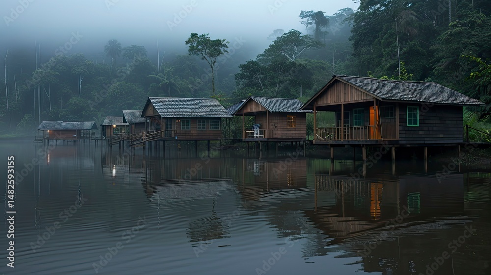 Misty morning cabins on a tranquil lake in a dense rainforest Misty morning cabins on a tranquil lake in a dense rainforest