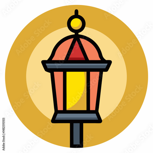 Vintage vector design features an antique metal lantern and an old street lamp illustration against a night sky