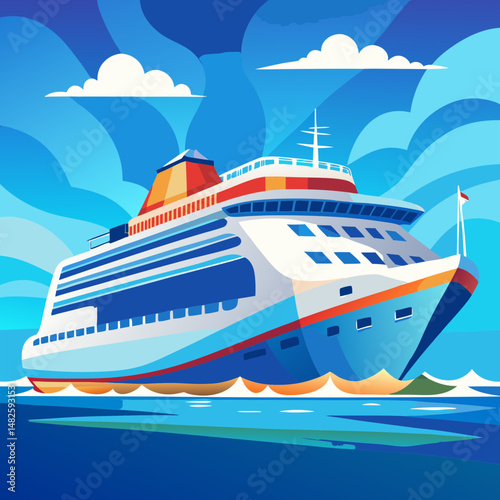 A white luxury yacht and a large cruise ship sail the deep blue ocean under a vast sky, representing nautical travel and summer vacation
