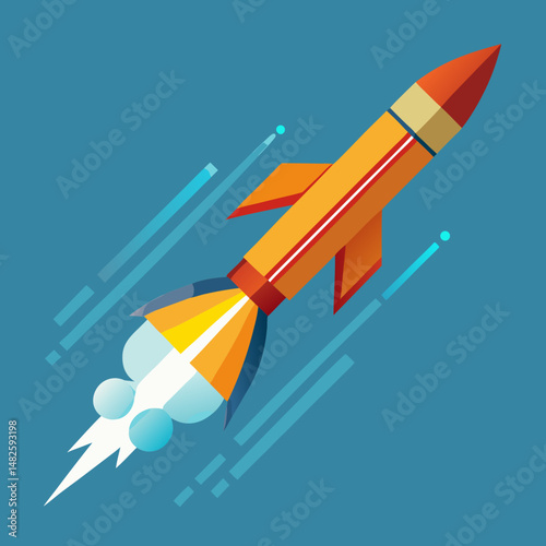 A vector illustration of a stylized rocket launching into space background