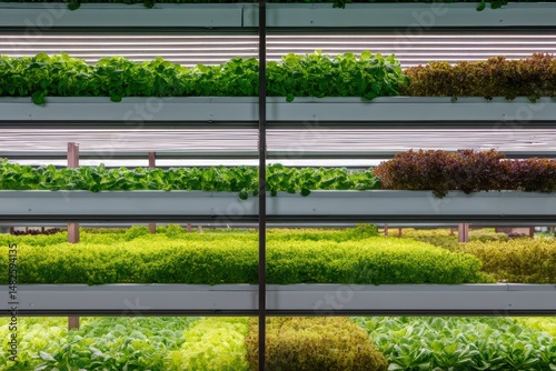 Vertical Hydroponic System with Multiple Layers of Green Leafy Vegetables. photo