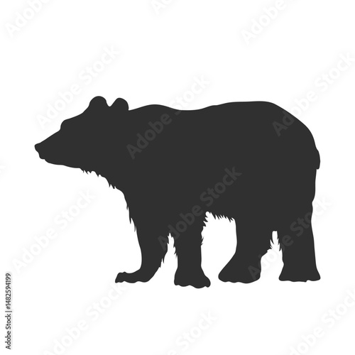 Isolated bear silhouette. Black drawing of wild forest beast. Standing grizzly print. Zoo logo. Animal icon