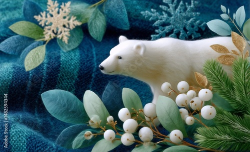 Cute Polar Bear Cub Nestled Among Greenery and Soft Fabric in a Cozy Setting