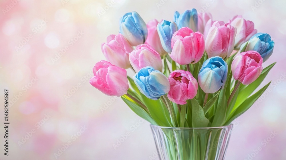 Fototapeta premium A beautiful arrangement of pink and blue tulips in a clear glass vase, showcasing vibrant colors against a soft, light background, perfect for decoration or gifting.