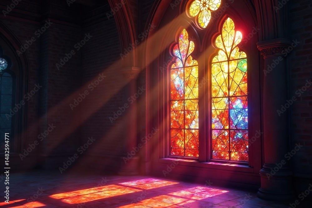 Obraz premium A vibrant stained glass window, sunlight streaming through, window, light