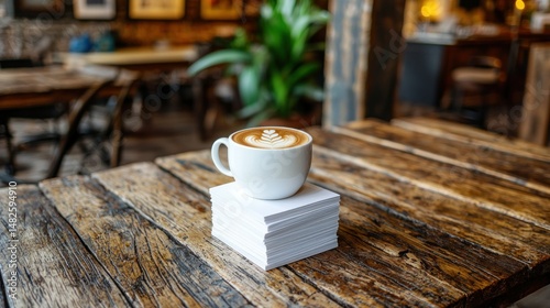Latte art on wooden table with business cards