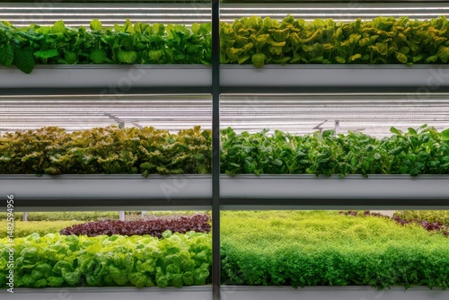 Vertical Hydroponic System with Multiple Layers of Green Leafy Vegetables. photo