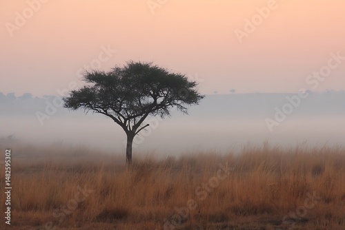 Wallpaper Mural Acacia tree alone in misty savanna at sunrise  
 Torontodigital.ca