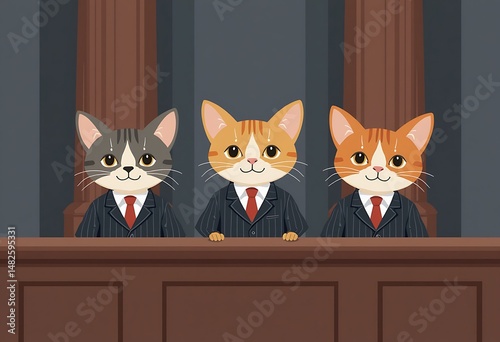 Feline bankers in pinstriped suits at a polished mahogany desk in a cl