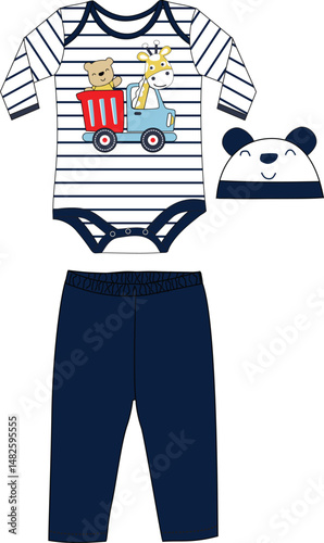 kids  bodysuit with pant & cap giraffe print illustrations vector art