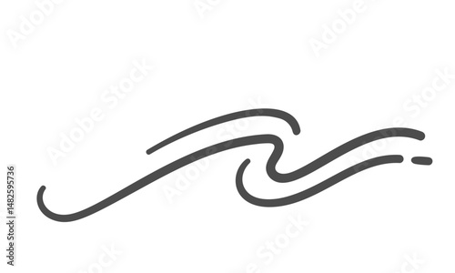 Simple wind curve line with swirl in cartoon doodle style. Air motion, flow, and wave symbol for logo, print, icon, or design projects. Vector illustration.