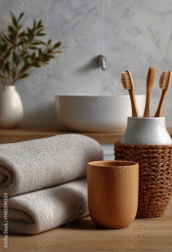 Decorative Bathroom Setup With Towels, Wooden Cup and Toothbrush Holder on a ...