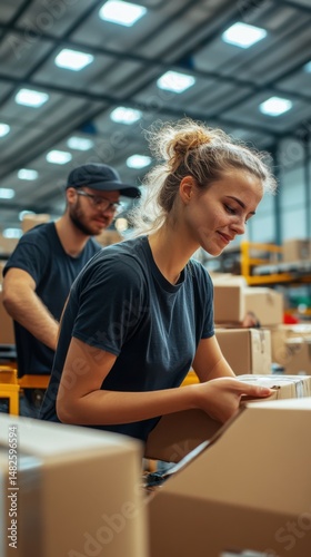 Workers pack boxes in a warehouse during late afternoon in a bustling logistics center