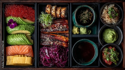 Bento grande para compartir, bandeja de sushi y pescados de temporada bandeja grande, agucate salmon flores comestibles y verduras frescas, comida tipica japonesa