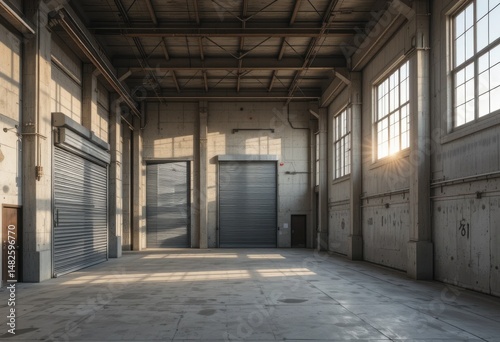 Conversión de almacén industrial con puertas enrollables de metal, paredes de hormigón y ventanas de gran tamaño que captan la luz del sol de la tarde