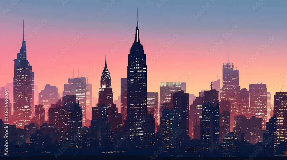 Fototapeta premium City skyline silhouettes at dawn with tall buildings and skyscrapers in black and white, soft pastel pink, orange, purple, and blue sky creating tranquil modern urban sunrise atmosphere.
