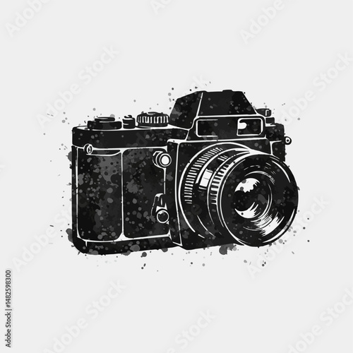 Detailed black-and-white illustration of a vintage camera with splattered artistic textures evokes creativity and nostalgia, perfect for artistic designs and retro-inspired concepts.