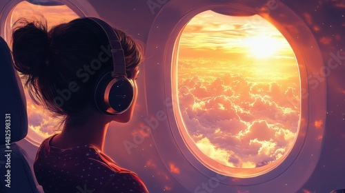 Woman with headphones gazing out the airplane window during sunset.