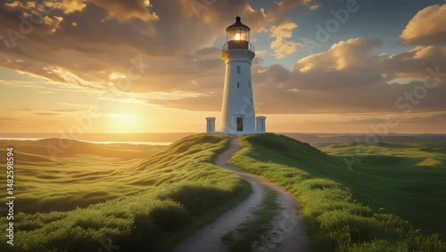 Majestic Lighthouse on a Hilltop at Sunset with a Winding Path