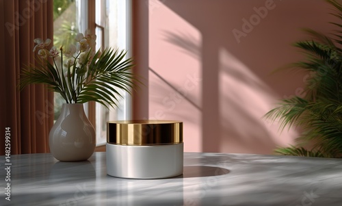 Elegant Container Rests on Marble Surface With Natural Light Illuminating the...
