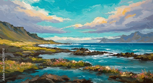 Seascape Painting with Rocks Mountains and Clouds