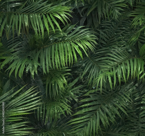 Vibrant green palm fronds, sunlight dappled, intricate leaf veins, holiday, leaves