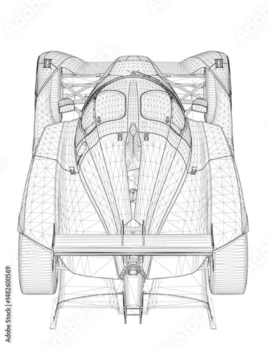 A car drawing with a lot of detail and a sense of speed. The car is a race car and is shown in black and white. Back view. 3D