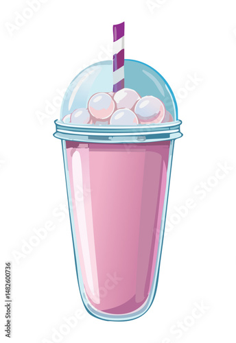 Pink milkshake with balls topping - vector illustration
