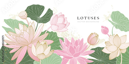 Luxury vector lotus background. Zen wallpaper collection with golden lotus line art. Design for yoga banner, cover design and invitation.