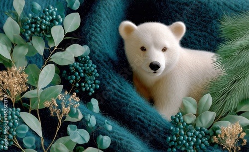 Cute Polar Bear Cub Nestled Among Greenery and Soft Fabric in a Cozy Setting