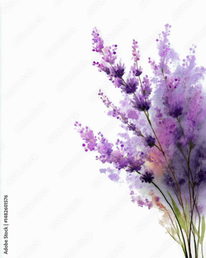 Naklejka premium Elegant lavender flower bouquet with delicate purple blooms and green stems on a white background, artistic floral composition, perfect for nature and sp themes