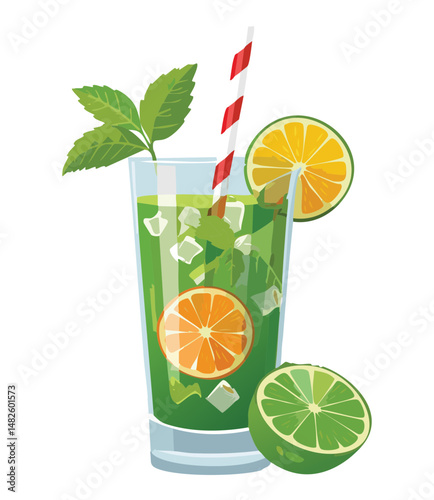 green mojito drink with lemon and lime - vector illustration
