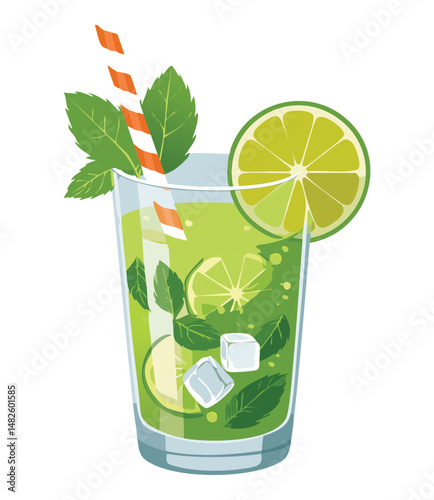 cocktail with lime and mint - vector illustration