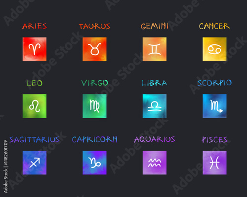 12 Zodiac Color-coded Signs Vector Icons Pack